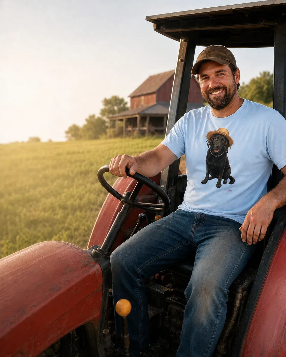 Man wearing a light blue custom dog portrait T-shirt on a farm tractor