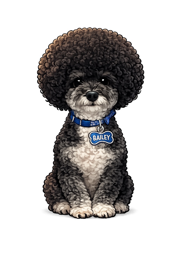Bailey the poodle โ stylized pet portrait example